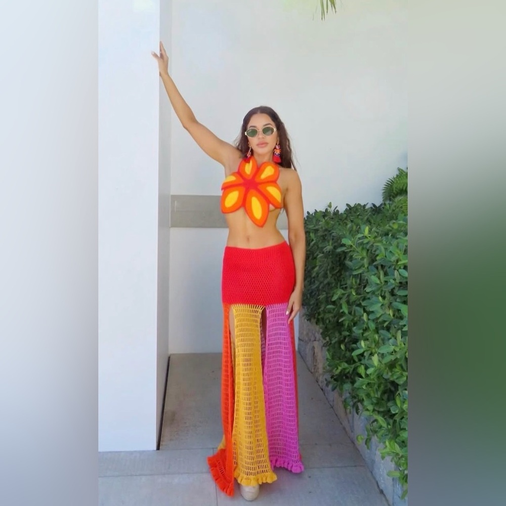 Colorful Crochet Halter Top and Skirt Set
